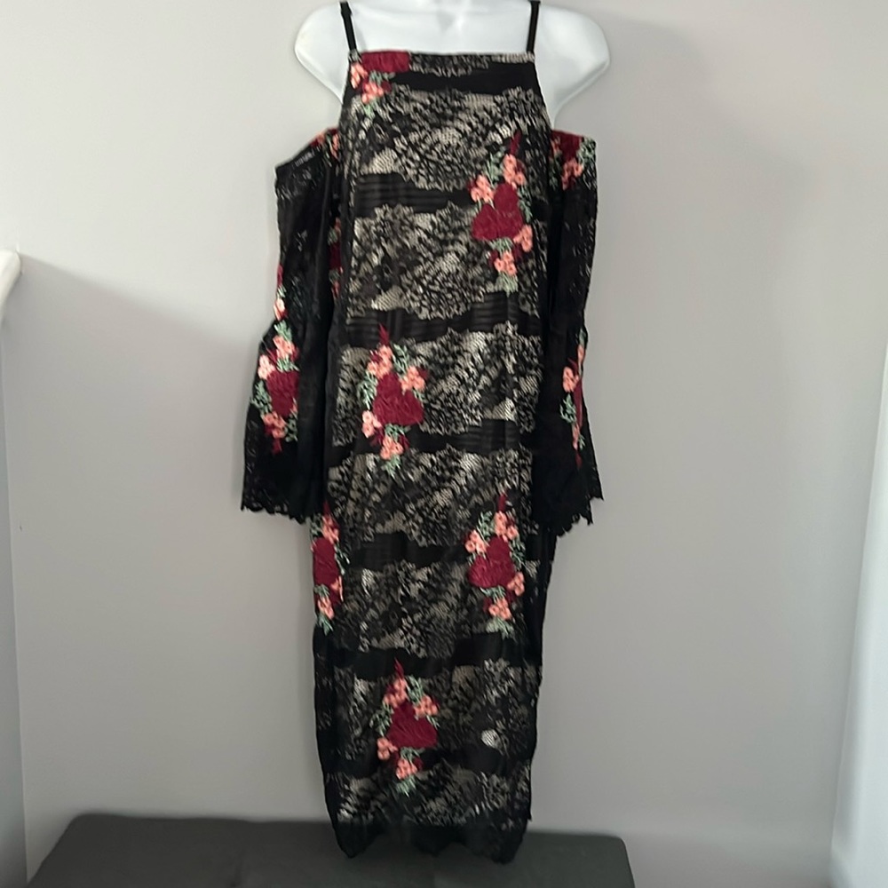New Venus Romantic Lace Overlay Midi Dress w/ Floral Appliqués Formal Cocktail